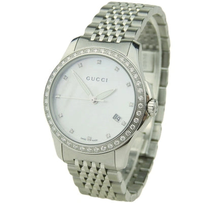  Shop Authentic Gucci G Timeless Diamonds Mother of Pearl Dial Silver Mesh Bracelet Watch For Women - YA126508 - Luxxuri