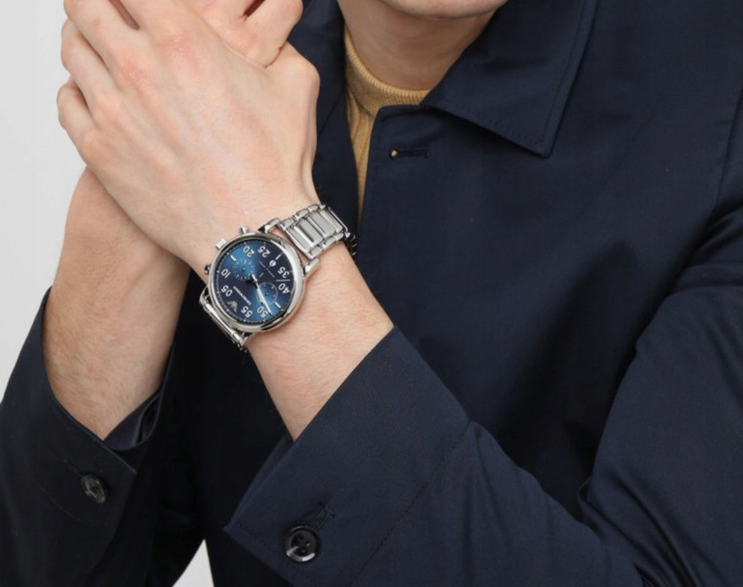  Shop Authentic Emporio Armani Luigi Chronograph Blue Dial Silver Steel Strap Watch For Men - AR11132 - Luxxuri