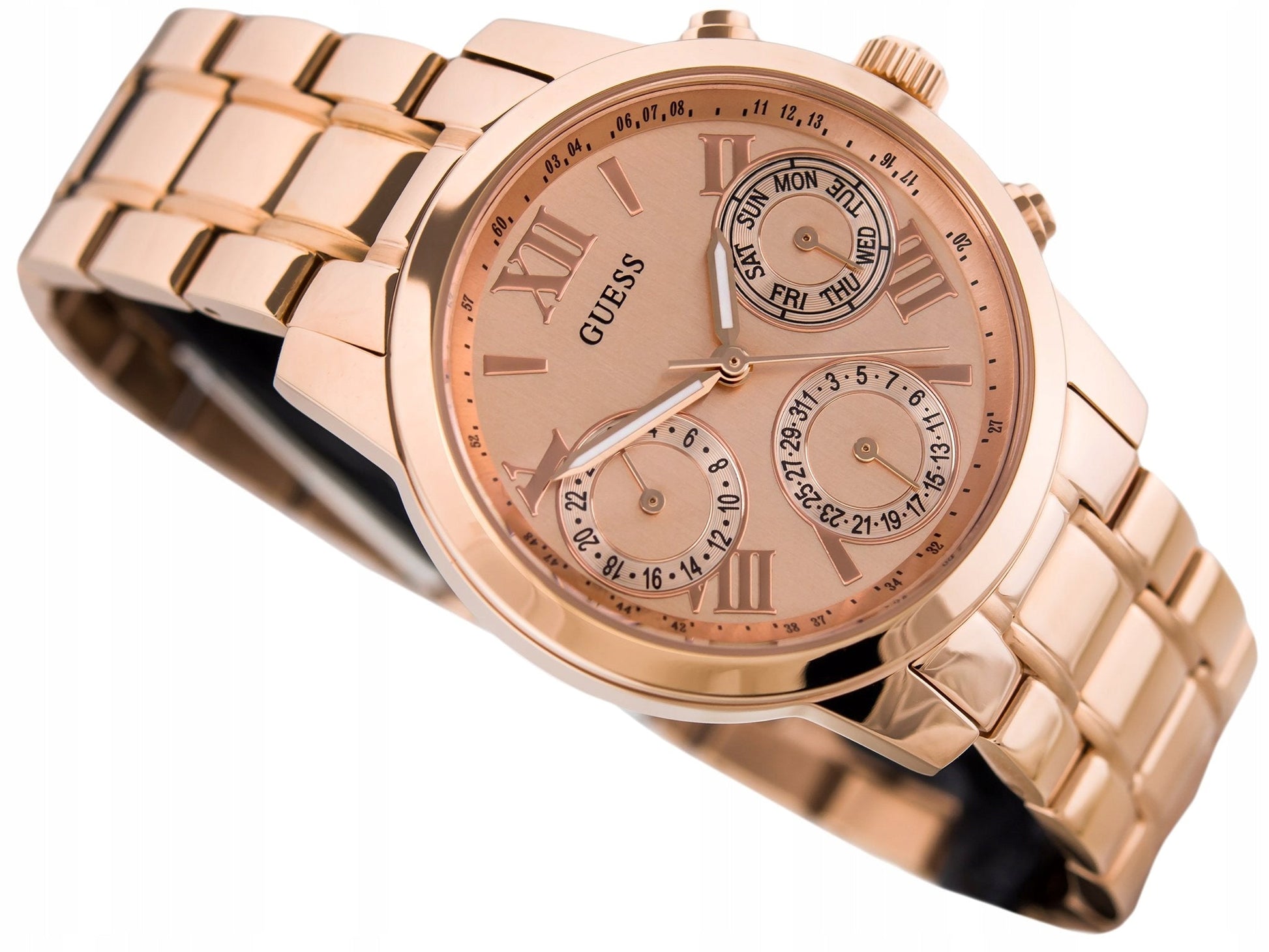  Shop Authentic Guess Mini Sunrise Chronograph Quartz Rose Gold Dial Rose Gold Steel Strap Watch For Women - W0448L3 - Luxxuri