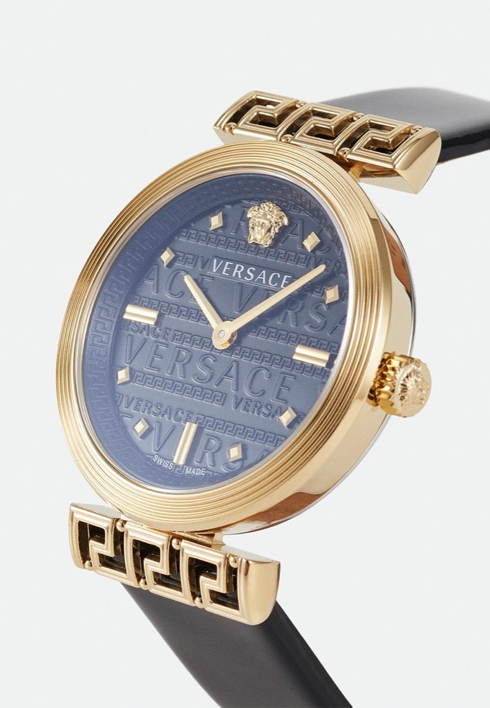 Versace Greca Meander Black Dial Black Leather Strap Watch for Women - VELW00420
