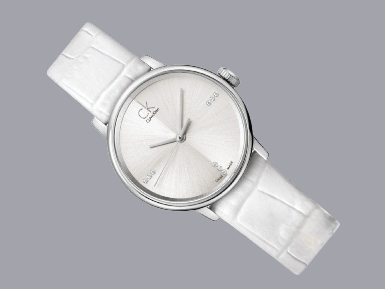  Shop Authentic Calvin Klein Accent Silver Dial White Leather Strap Watch for Women - K2Y2Y1KW - Luxxuri