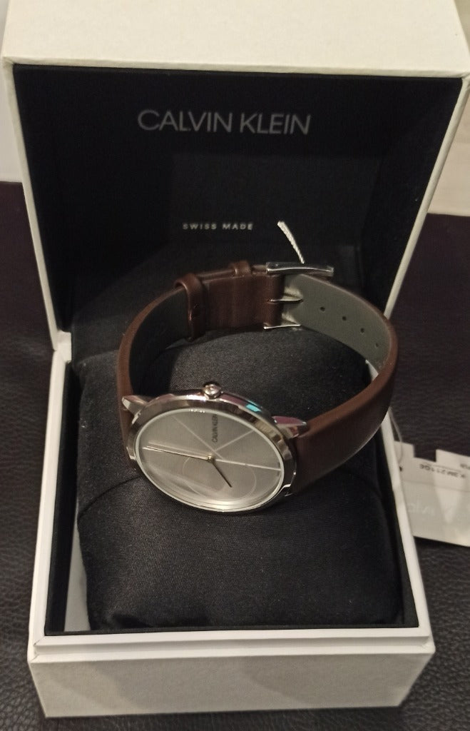  Shop Authentic Calvin Klein Minimal Silver Dial Brown Leather Strap Watch for Men - K3M211G6 - Luxxuri