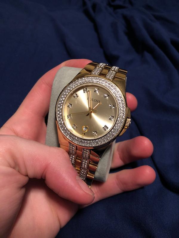  Shop Authentic Bulova Crystal Collection Champagne Dial Two Tone Steel Strap Watch for Women - 98B174 - Luxxuri