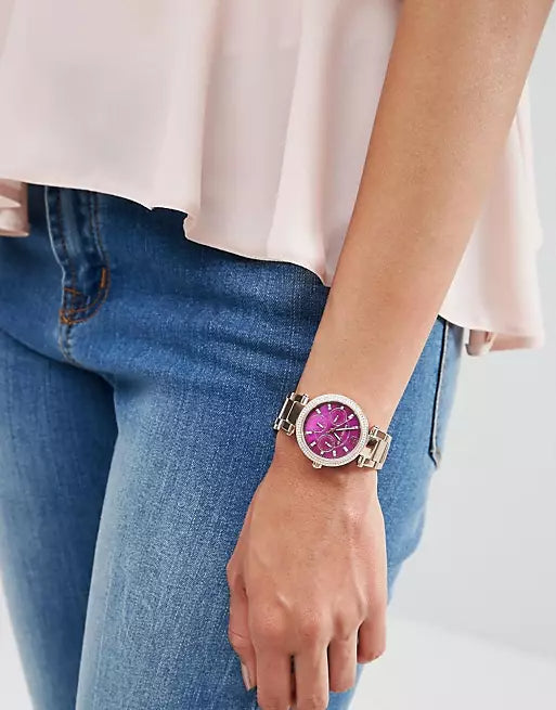  Shop Authentic Michael Kors Mini Parker Multi-Function Plum Mother of Pearl Dial Rose Gold Steel Strap Watch For Women - MK6403 - Luxxuri