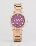  Shop Authentic Michael Kors Mini Parker Multi-Function Plum Mother of Pearl Dial Rose Gold Steel Strap Watch For Women - MK6403 - Luxxuri
