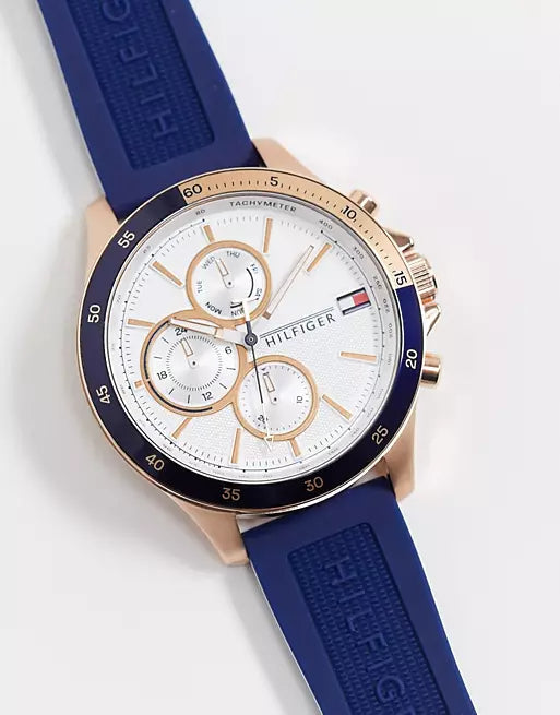  Shop Authentic Tommy Hilfiger Bank Multifunction Quartz White Dial Blue Rubber Strap Watch for Men - 1791778 - Luxxuri