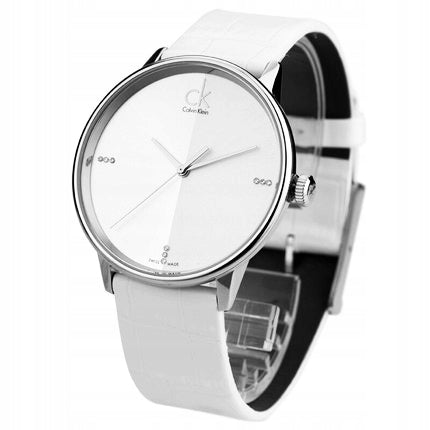  Shop Authentic Calvin Klein Accent Silver Dial White Leather Strap Watch for Women - K2Y2Y1KW - Luxxuri