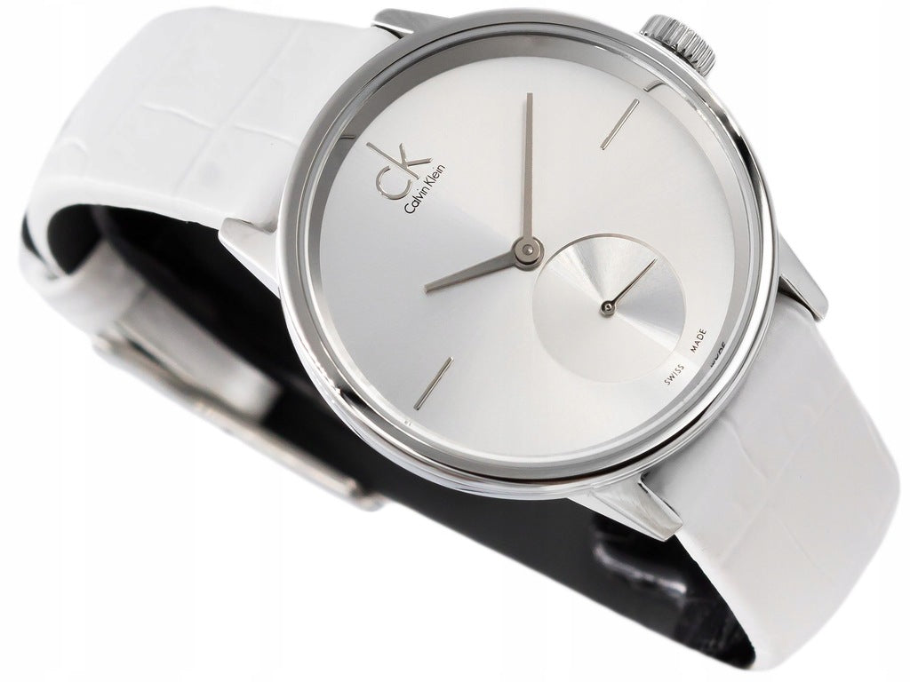  Shop Authentic Calvin Klein Accent Silver Dial White Leather Strap Watch for Women - K2Y231K6 - Luxxuri