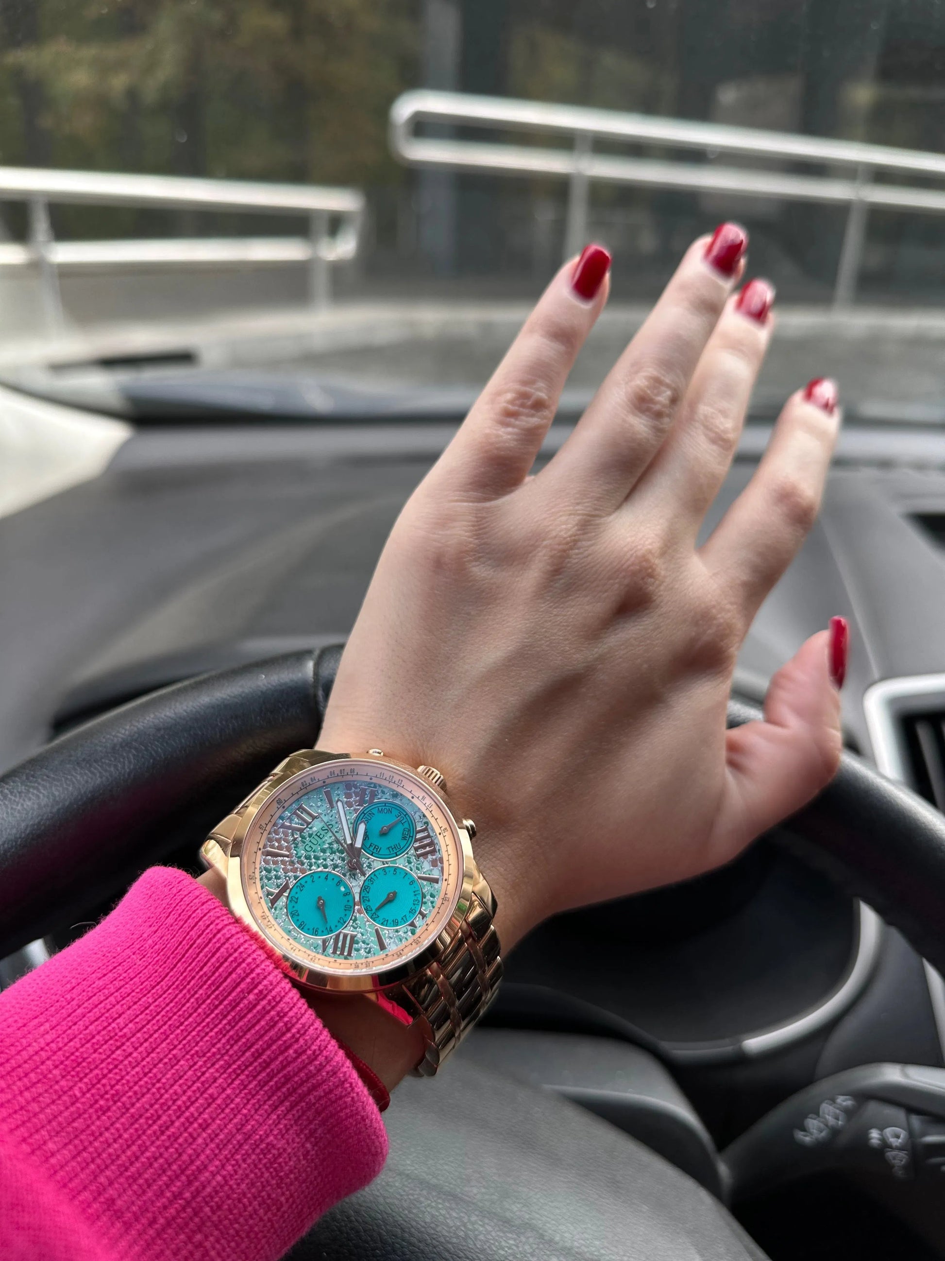  Shop Authentic Guess Mini Sunrise Multi Function Analog Turquoise Dial Rose Gold Steel Strap Watch For Women - W0448L8 - Luxxuri