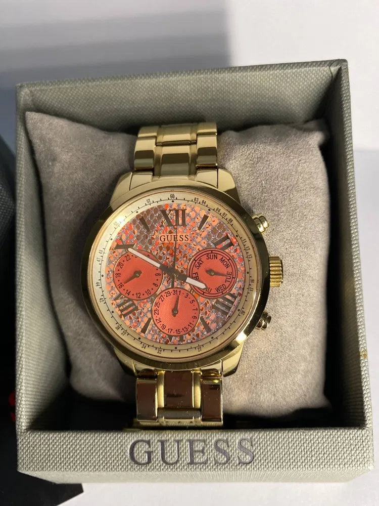  Shop Authentic Guess Mini Sunrise Quartz Analog Orange Dial Gold Steel Strap Watch For Women - W0448L7 - Luxxuri