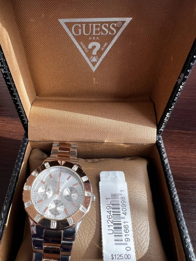  Shop Authentic Guess Glisten Chronograph Analog Silver Dial Two Tone Steel Strap Watch For Women - W14551L1 - Luxxuri