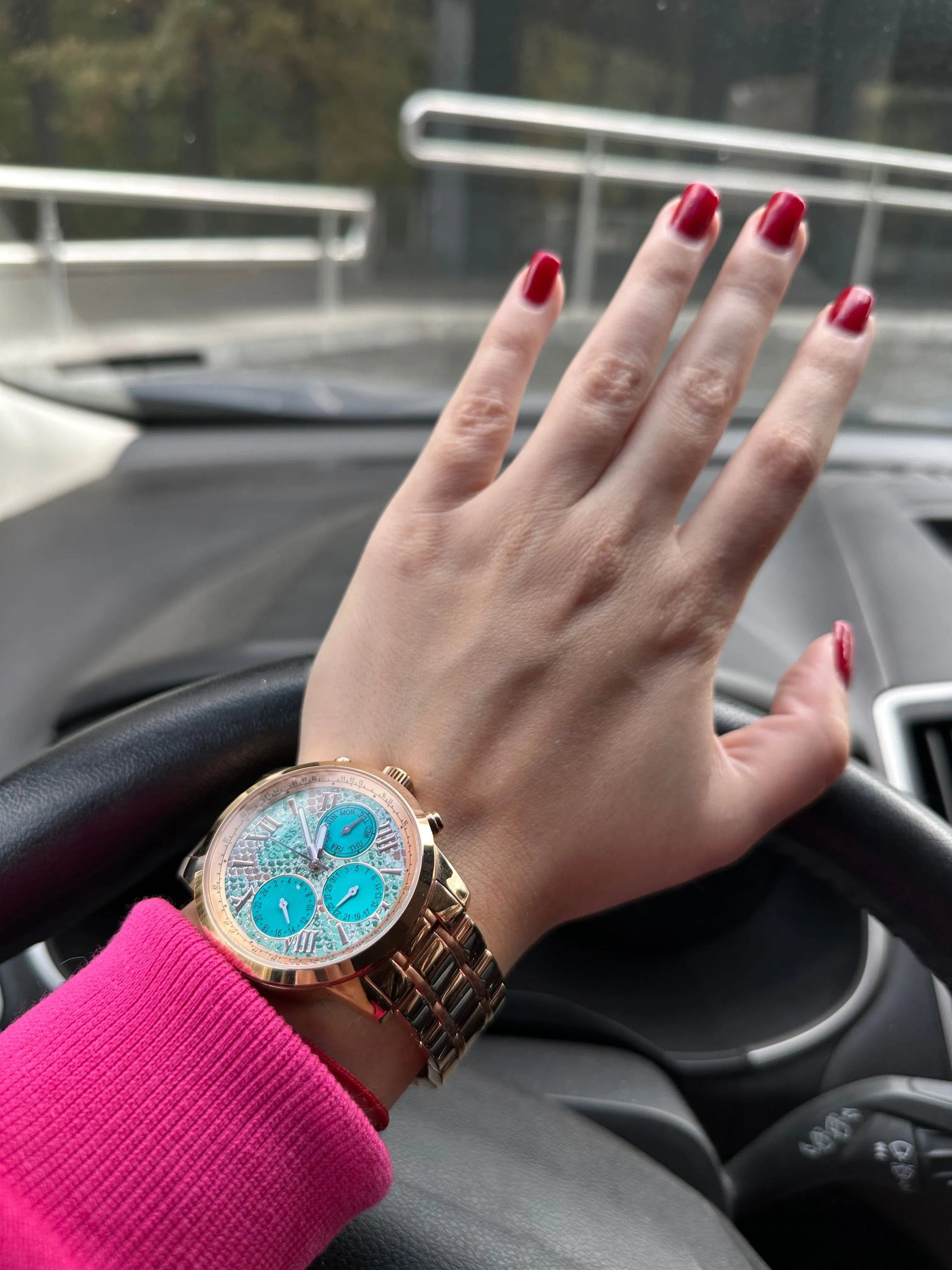  Shop Authentic Guess Mini Sunrise Multi Function Analog Turquoise Dial Rose Gold Steel Strap Watch For Women - W0448L8 - Luxxuri