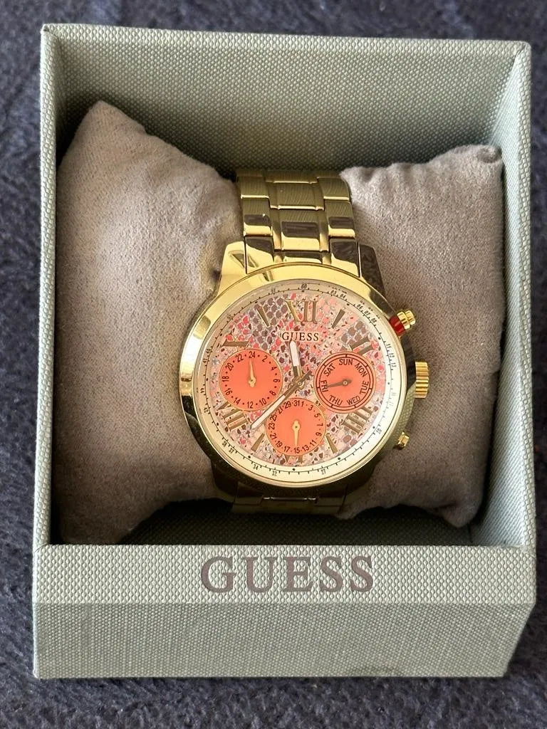  Shop Authentic Guess Mini Sunrise Quartz Analog Orange Dial Gold Steel Strap Watch For Women - W0448L7 - Luxxuri
