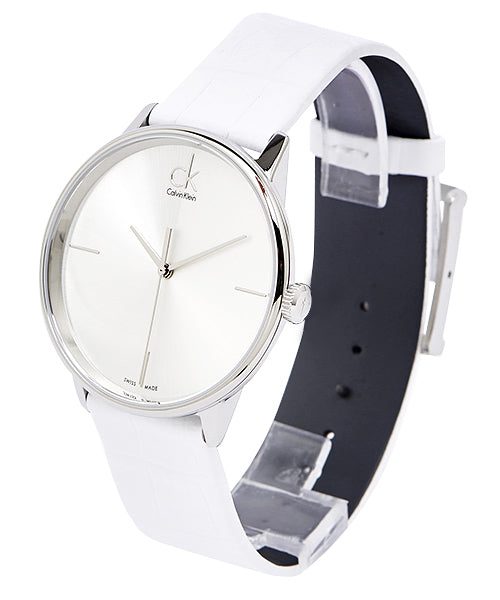 Shop Authentic Calvin Klein Accent Silver Dial White Leather Strap Watch for Women - K2Y2X1K6 - Luxxuri