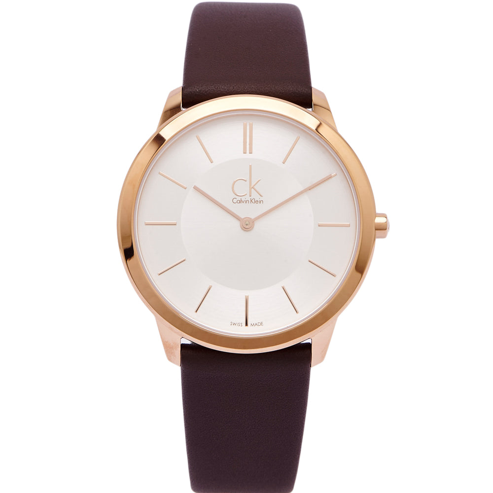  Shop Authentic Calvin Klein Minimal White Dial Brown Leather Strap Watch for Men - K3M216G6 - Luxxuri