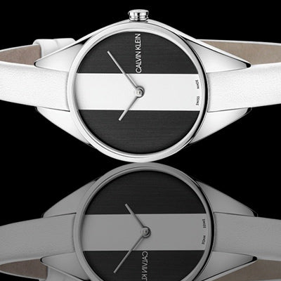  Shop Authentic Calvin Klein Rebel White Black Dial White Leather Strap Watch for Women - K8P231L1 - Luxxuri