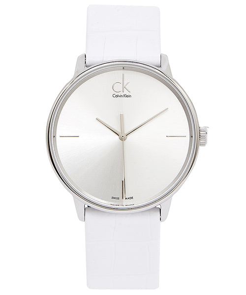  Shop Authentic Calvin Klein Accent Silver Dial White Leather Strap Watch for Women - K2Y2X1K6 - Luxxuri