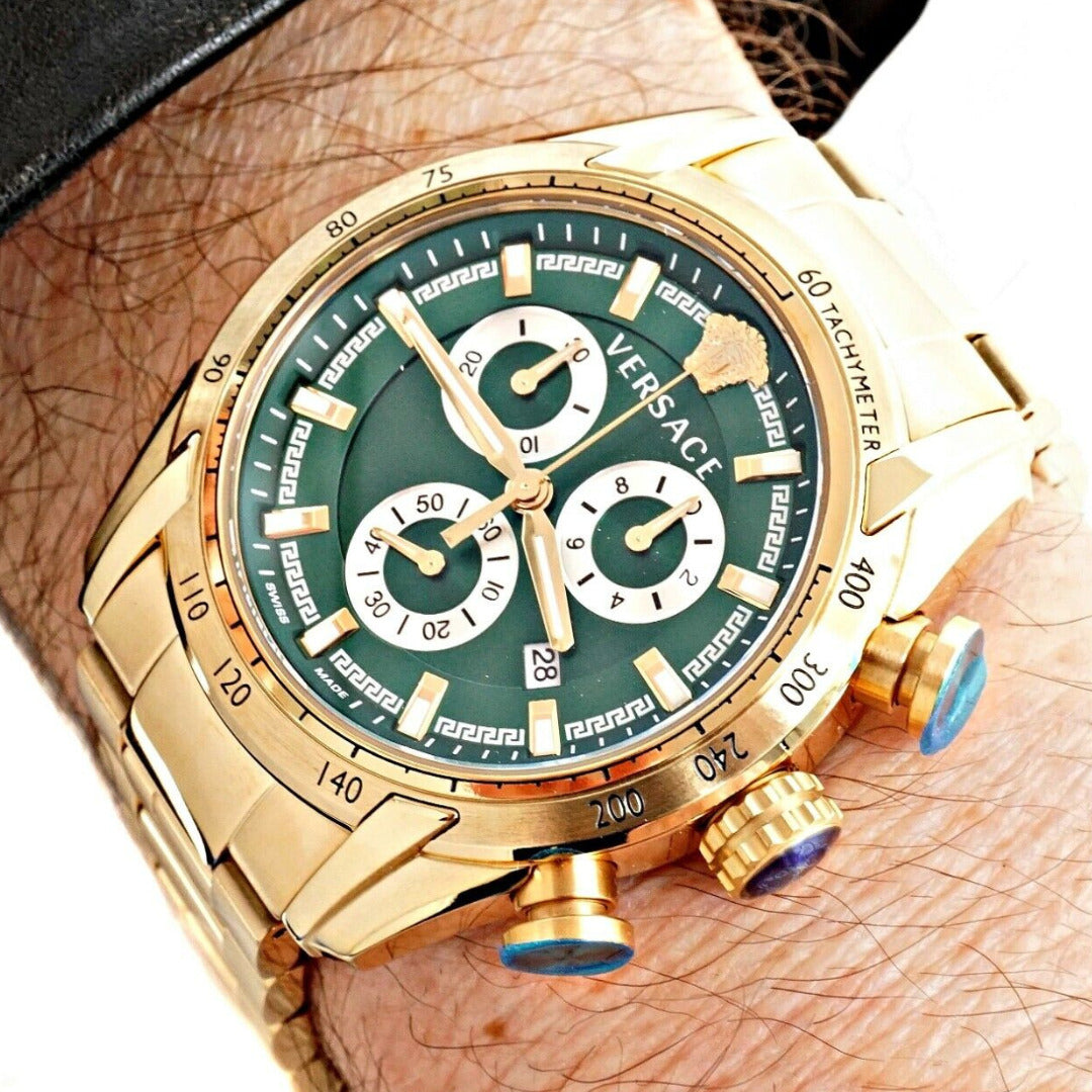  Shop Authentic Versace V-Ray Chronograph Quartz Green Dial Gold Steel Strap Watch For Men - VE2I00621 - Luxxuri
