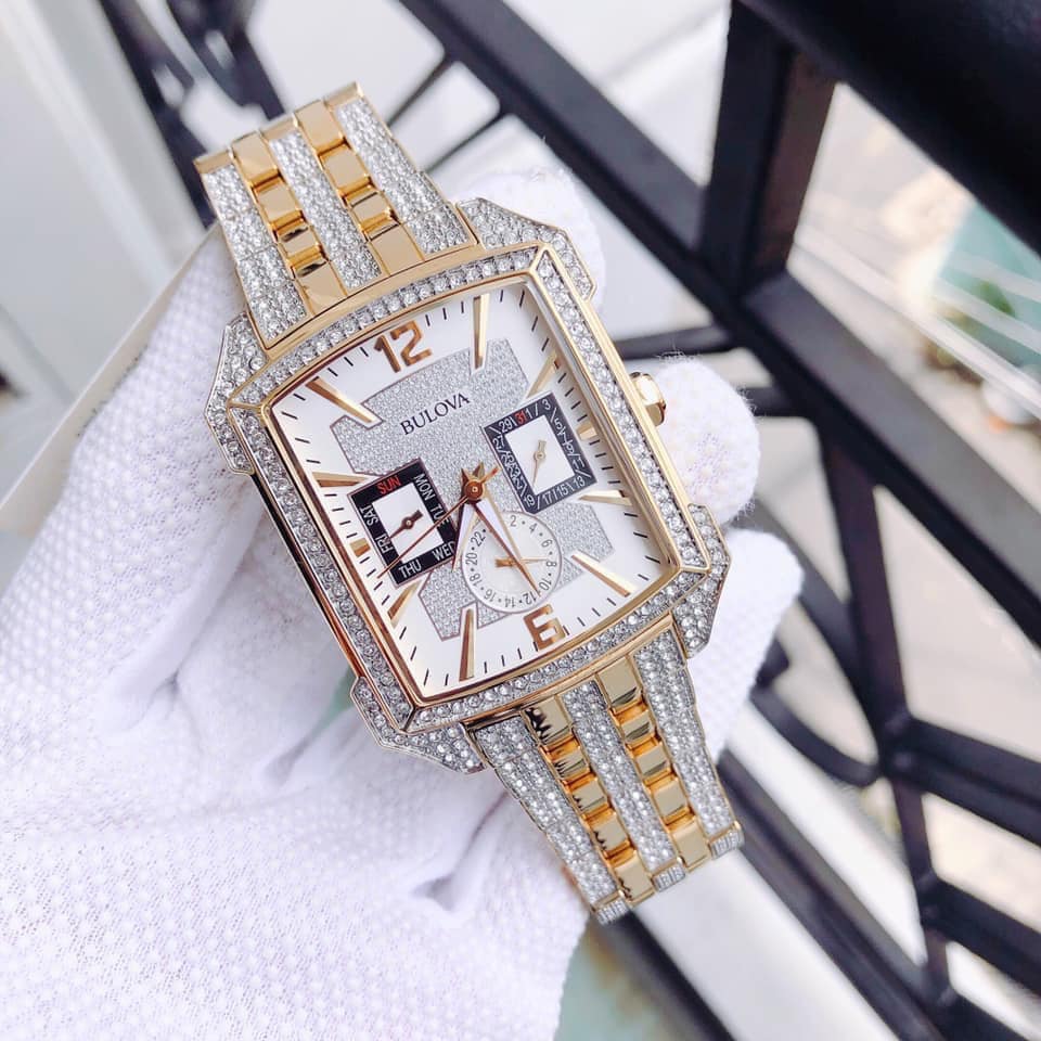  Shop Authentic Bulova Crystal Chronograph White Dial Two Tone Steel Strap Watch for Men - 98C109 - Luxxuri