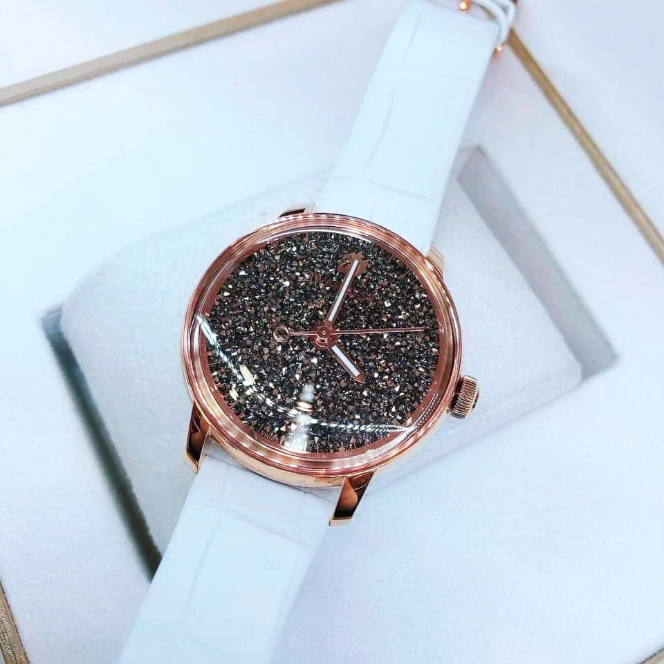  Shop Authentic Swarovski Crystalline Hours Quartz Grey Dial Black Leather Strap Watch for Women - 5344635 - Luxxuri