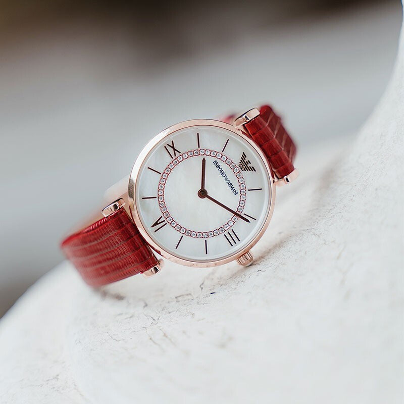  Shop Authentic Emporio Armani Gianni T-Bar Analog Mother of Pearl Dial Red Leather Strap Watch For Women - AR11322 - Luxxuri