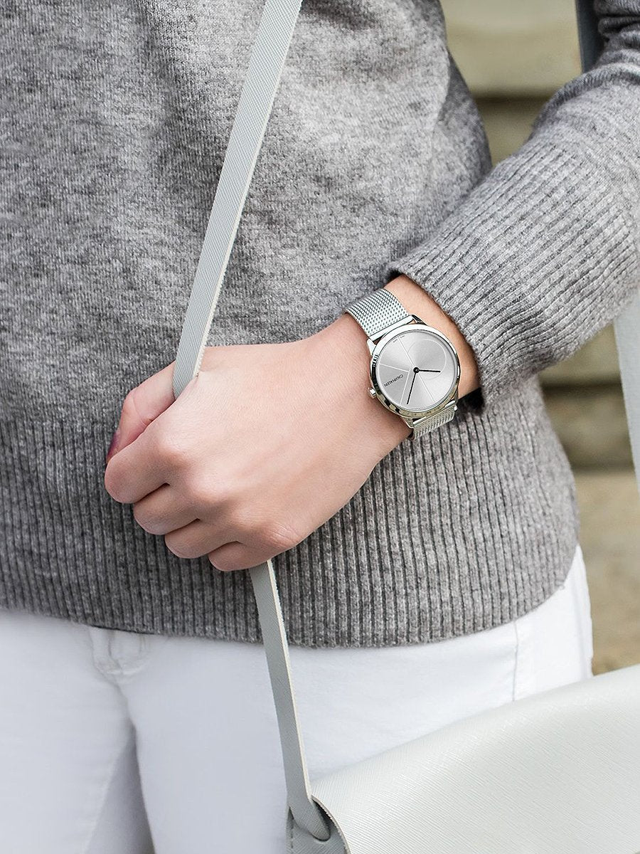 Shop Authentic Calvin Klein Minimal Silver Dial Silver Mesh Bracelet Watch for Women - K3M2212Z - Luxxuri