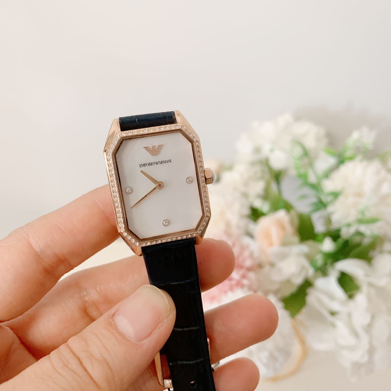  Shop Authentic Emporio Armani Gianni T Bar Quartz Mother of Pearl Dial Blue Leather Strap Watch For Women - AR11466 - Luxxuri