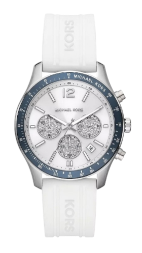  Shop Authentic Michael Kors Berkley Chronograph Silver Dial White Rubber Strap Watch For Women  - MKO1040 - Luxxuri