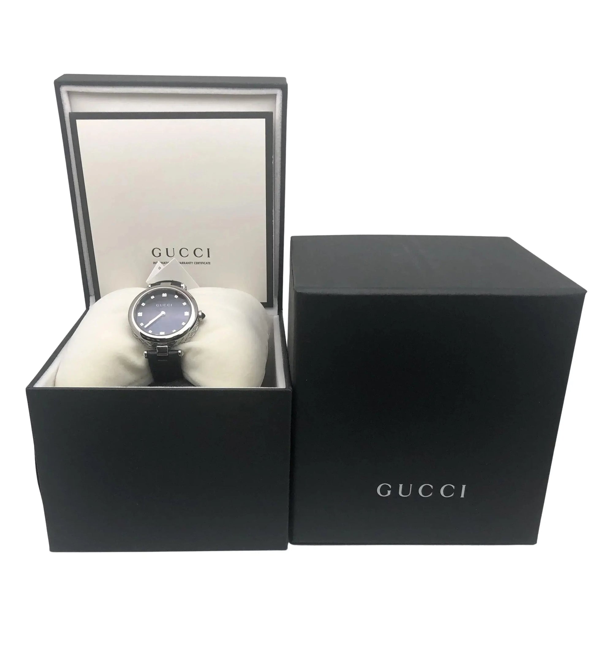  Shop Authentic Gucci Diamantissima Diamonds Black Dial Black Leather Strap Watch For Women - YA141403 - Luxxuri