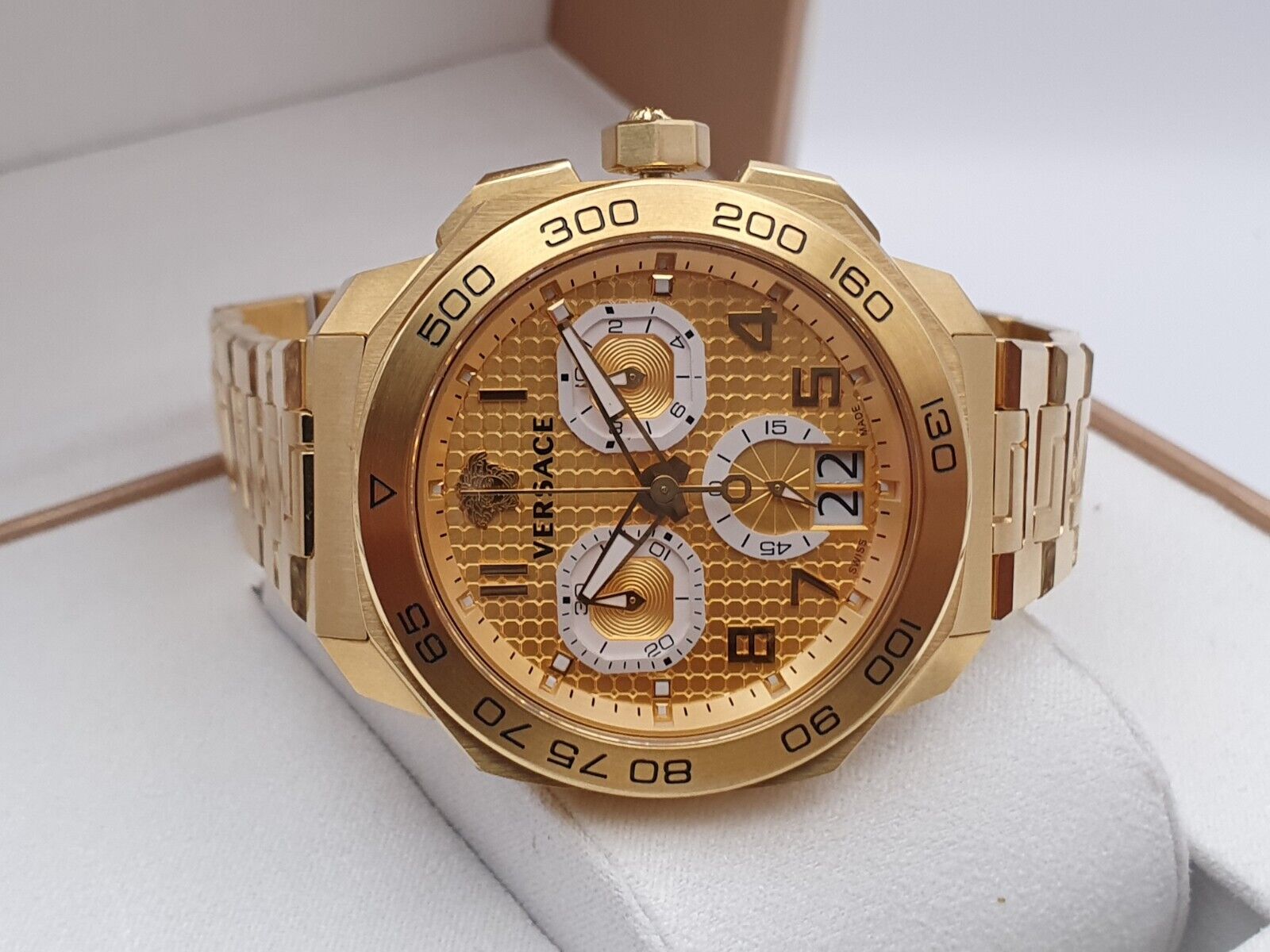 Shop Authentic Versace Dylos Chronograph Gold Dial Gold Steel Strap Watch for Men - VQC040015 - Luxxuri
