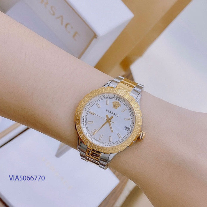  Shop Authentic Versace Hellenyium Silver Dial Two Tone Steel Strap Watch for Women - V12030015 - Luxxuri