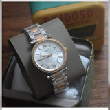  Shop Authentic Fossil Carlie Silver Dial Two Tone Steel Strap Watch for Women - ES4342 - Luxxuri