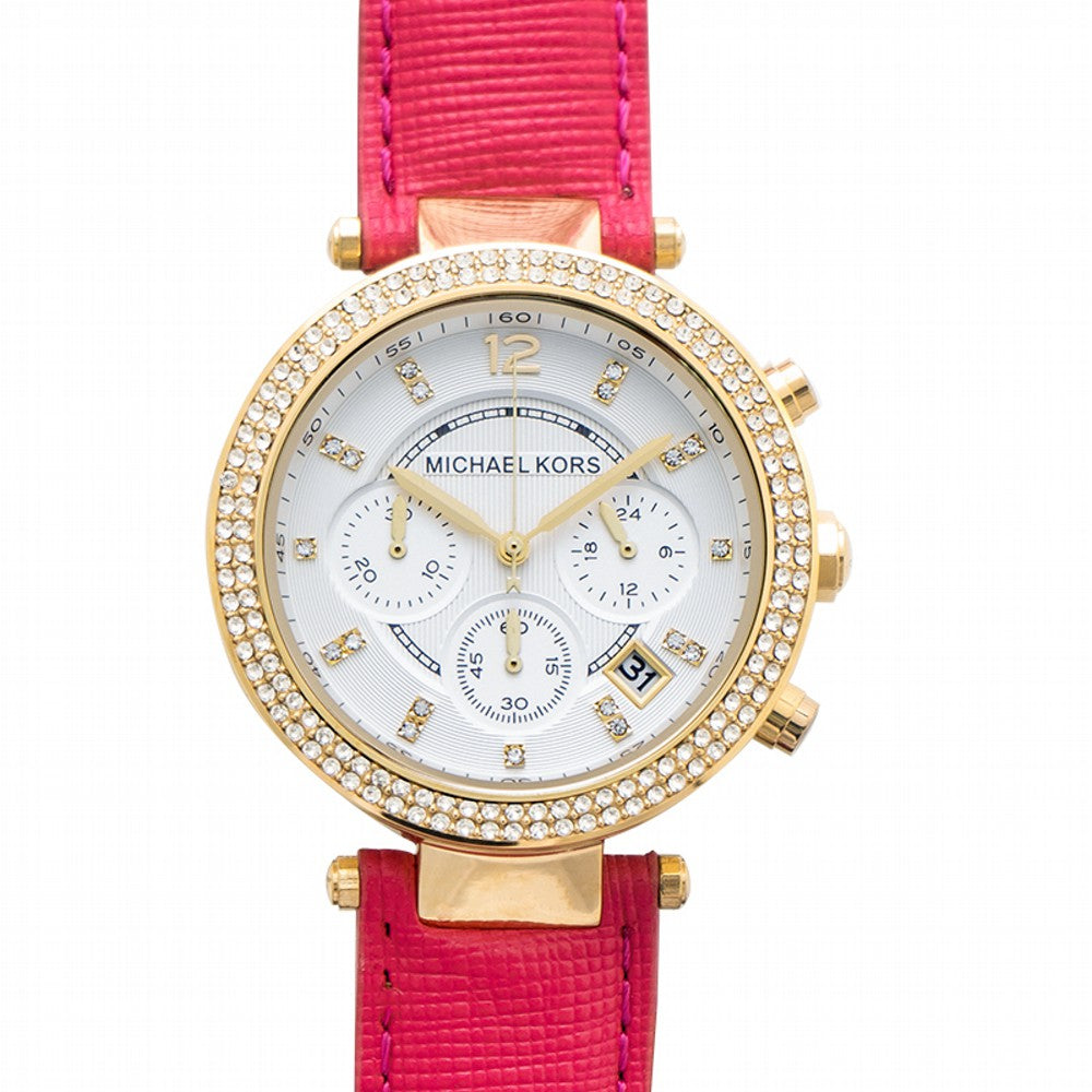  Shop Authentic Michael Kors Parker Chronograph White Dial Pink Leather Strap Watch for Women - MK2297 - Luxxuri