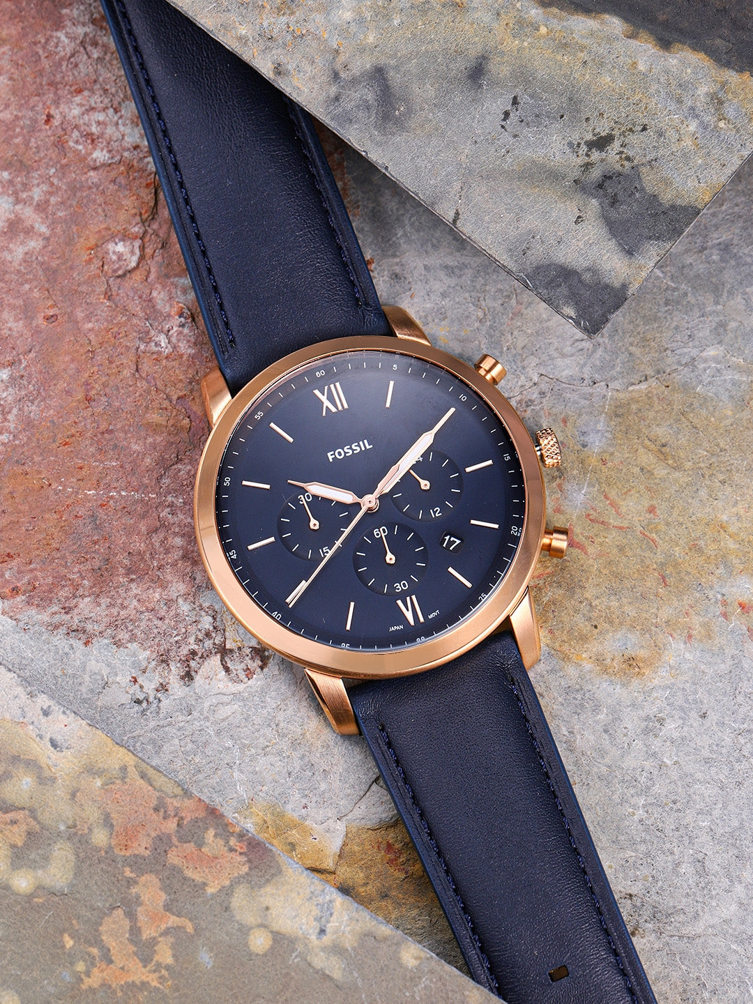  Shop Authentic Fossil Neutra Chronograph Blue Dial Blue Leather Strap Watch for Men - FS5454 - Luxxuri