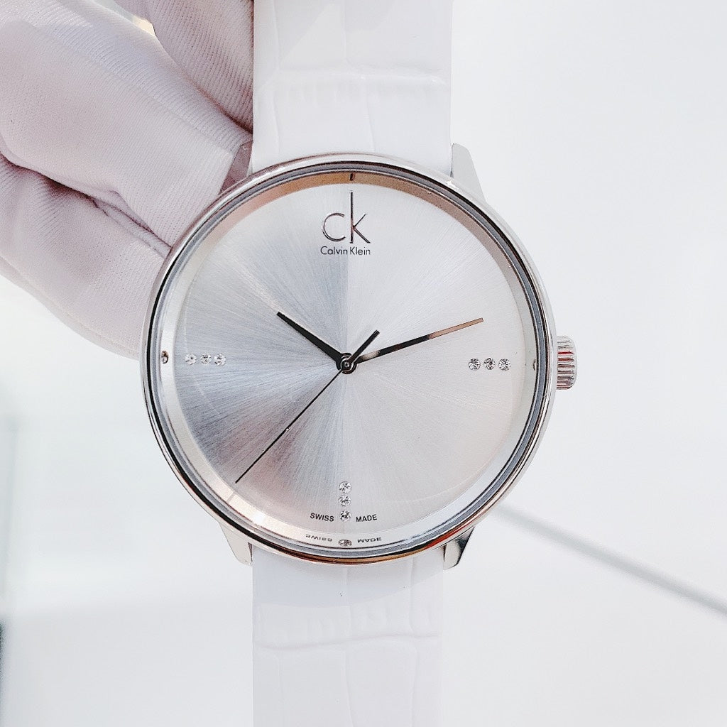  Shop Authentic Calvin Klein Accent Silver Dial White Leather Strap Watch for Men - K2Y2X1KW - Luxxuri
