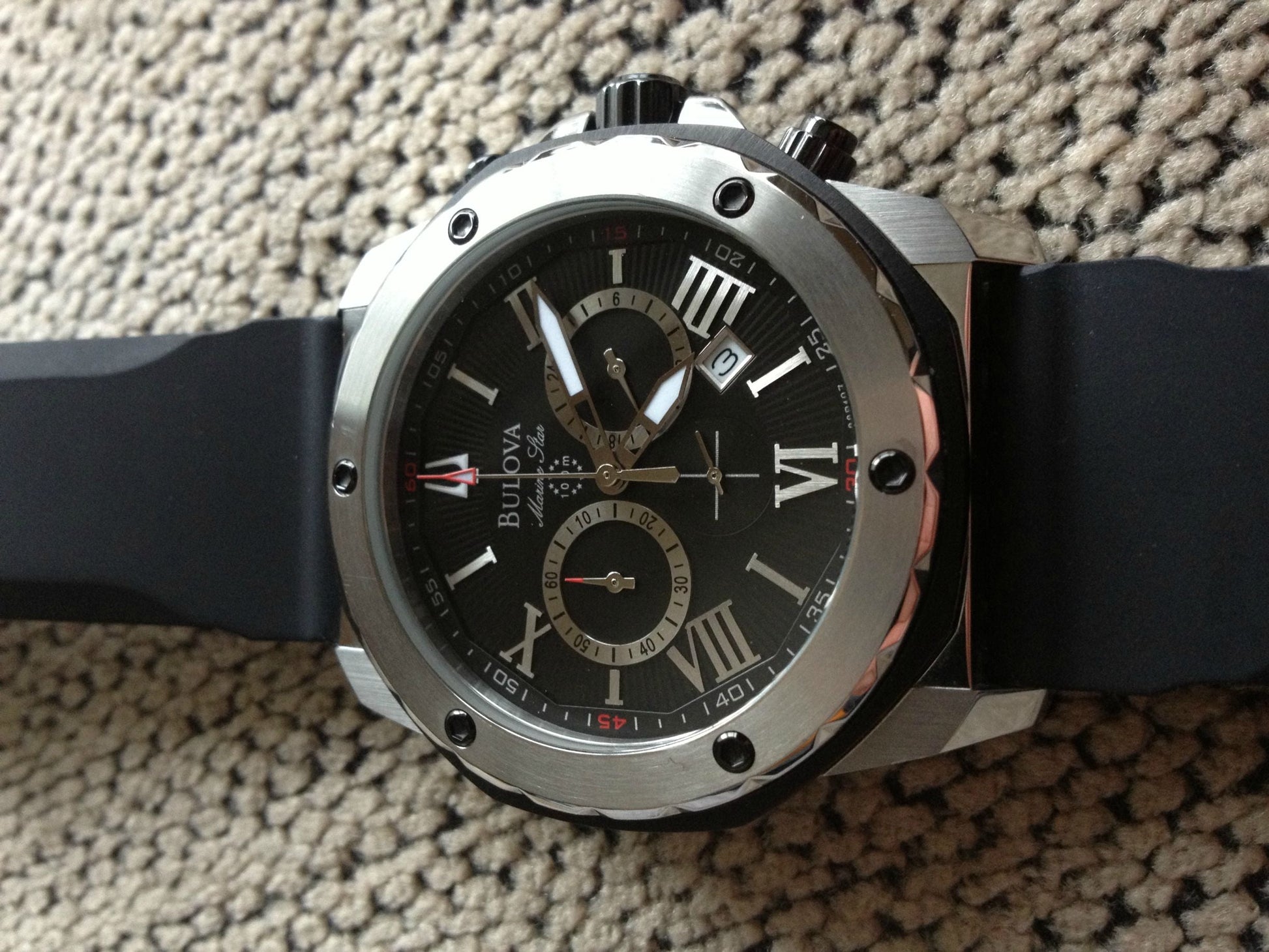  Shop Authentic Bulova Marine Star Chronograph Black Dial Black Rubber Strap Watch for Men - 98B127 - Luxxuri