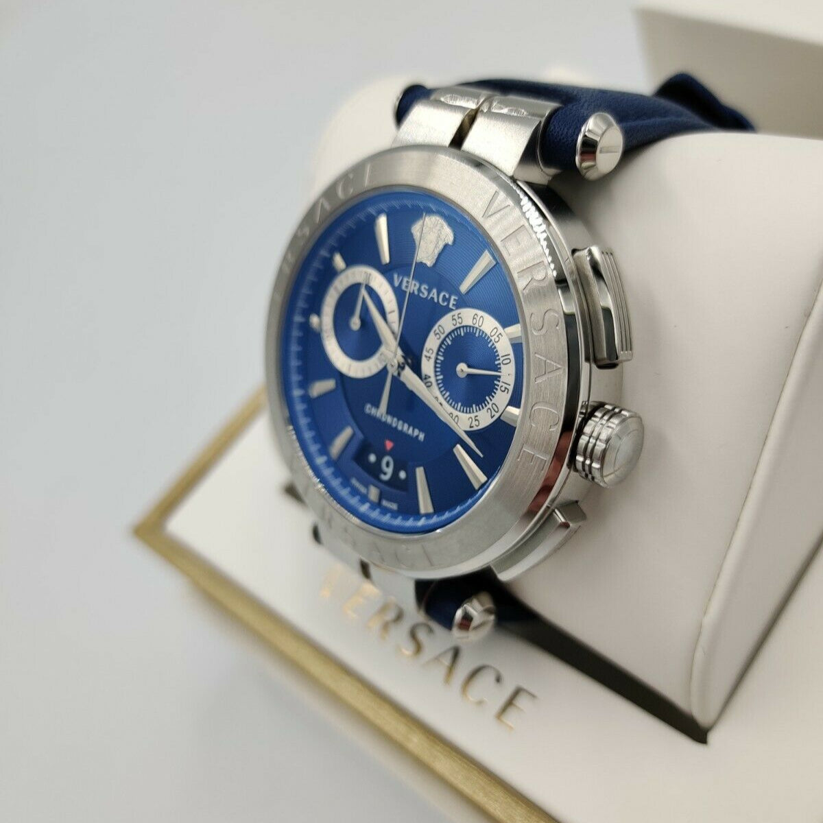  Shop Authentic Versace Aion Chronograph Blue Dial Blue Leather Strap Watch for Men - VE1D01220 - Luxxuri