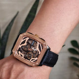  Shop Authentic Fossil Inscription Automatic Skeleton Rose Gold Dial Black Leather Strap Watch for Men - BQ2572 - Luxxuri