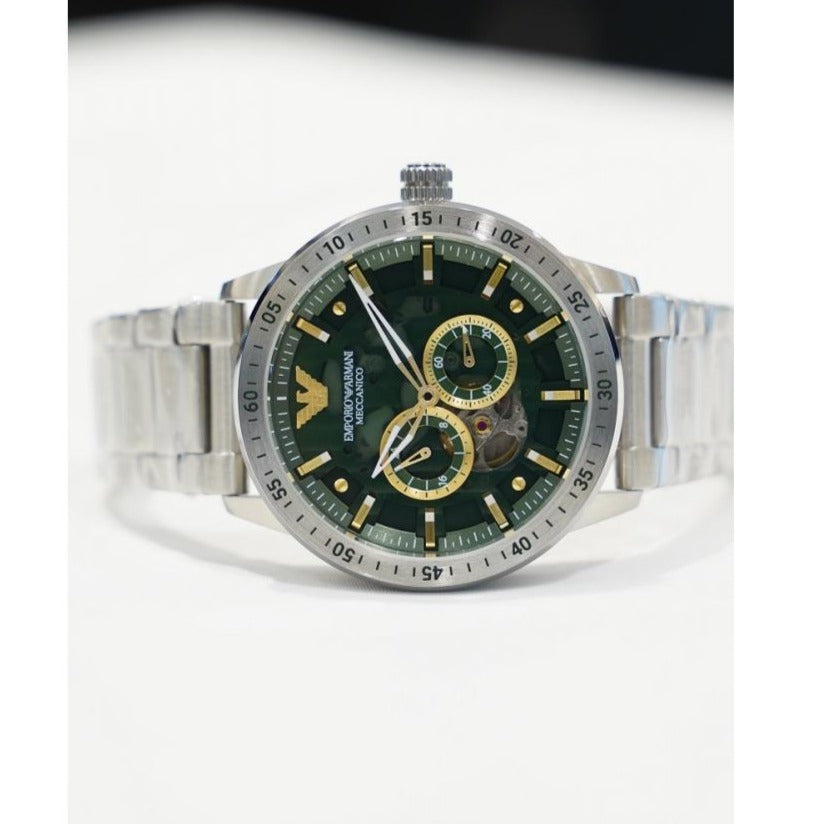  Shop Authentic Emporio Armani Meccanico Chronograph Automatic Green Dial Silver Steel Strap Watch For Men - AR60053 - Luxxuri