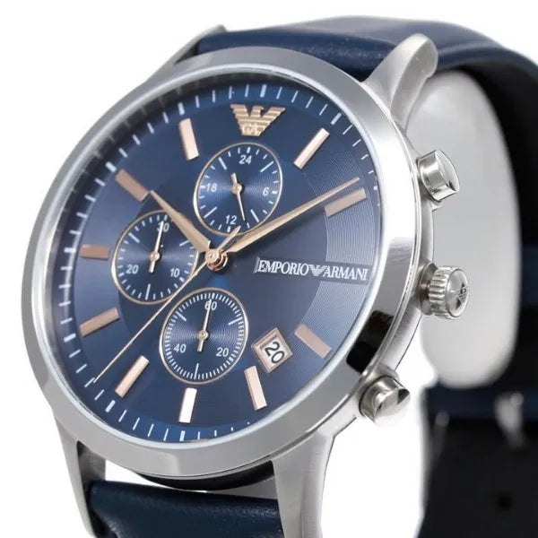  Shop Authentic Emporio Armani Renato Chronograph Blue Dial Black Leather Strap Watch For Men - AR11216 - Luxxuri