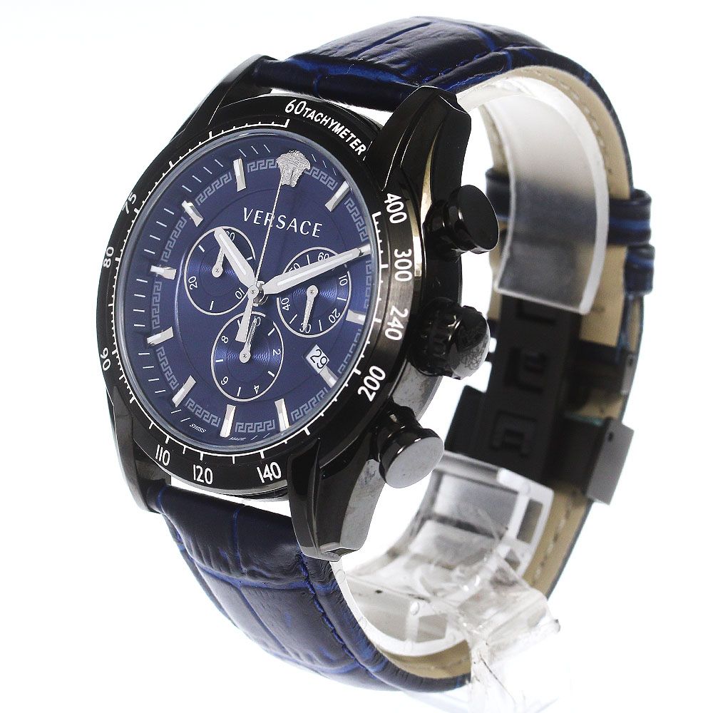  Shop Authentic Versace V-Ray Chronograph Quartz Blue Dial Black Leather Strap Watch For Men - VEDB00418 - Luxxuri