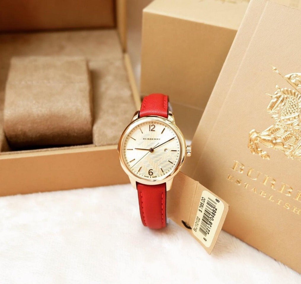  Shop Authentic Burberry The Classic Gold Dial Red Leather Strap Watch for Women - BU10102 - Luxxuri
