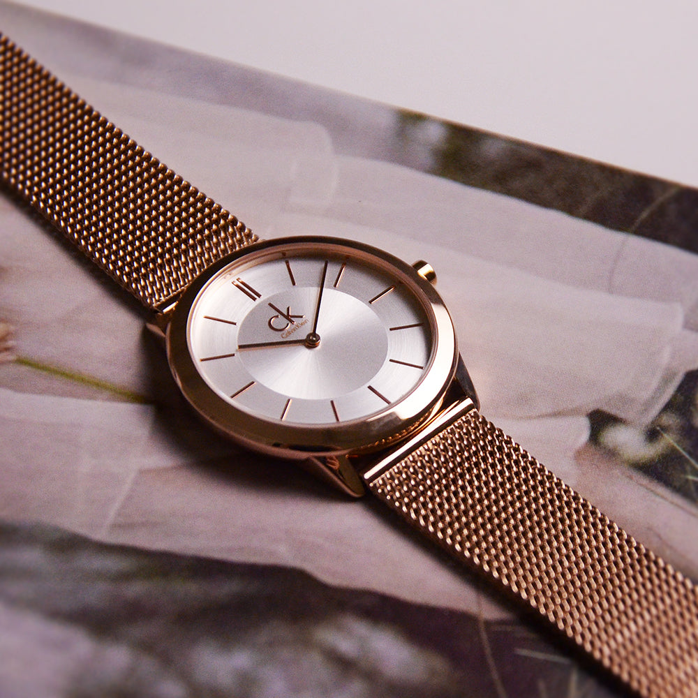  Shop Authentic Calvin Klein Minimal White Dial Rose Gold Mesh Bracelet Watch for Women - K3M22626 - Luxxuri