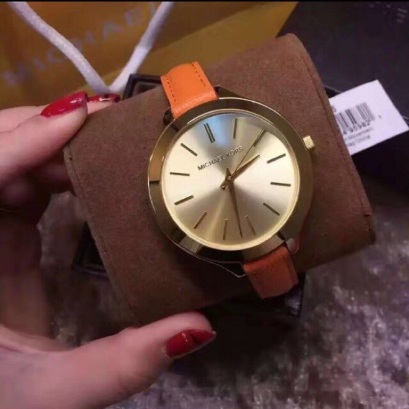  Shop Authentic Michael Kors Runway Quartz Gold Dial Orange Leather Strap Watch For Women - MK2275 - Luxxuri