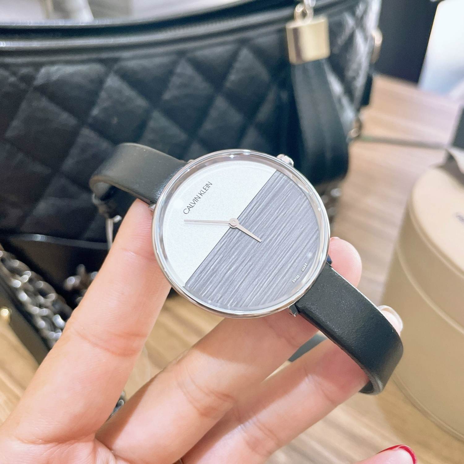  Shop Authentic Calvin Klein Rise White Grey Dial Black Leather Strap Watch for Women - K7A231C3 - Luxxuri