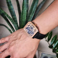 Fossil Inscription Automatic Skeleton Rose Gold Dial Black Leather Strap Watch for Men - BQ2572