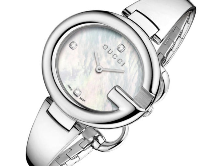  Shop Authentic Gucci Guccissima Diamonds Mother of Pearl Dial Silver Steel Strap Watch For Women - YA134303 - Luxxuri
