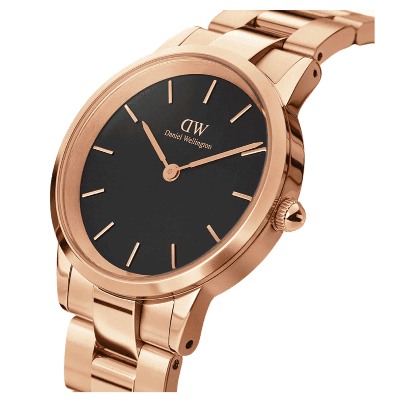 Daniel Wellington Iconic Link Black Dial Rose Gold Steel Strap Watch For Men - DW00100344