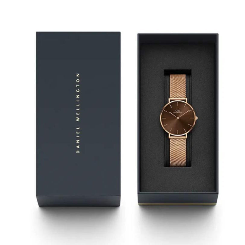  Shop Authentic Daniel Wellington Petite Melrose Brown Dial Rose Gold Mesh Strap Watch For Women - DW00100477 - Luxxuri