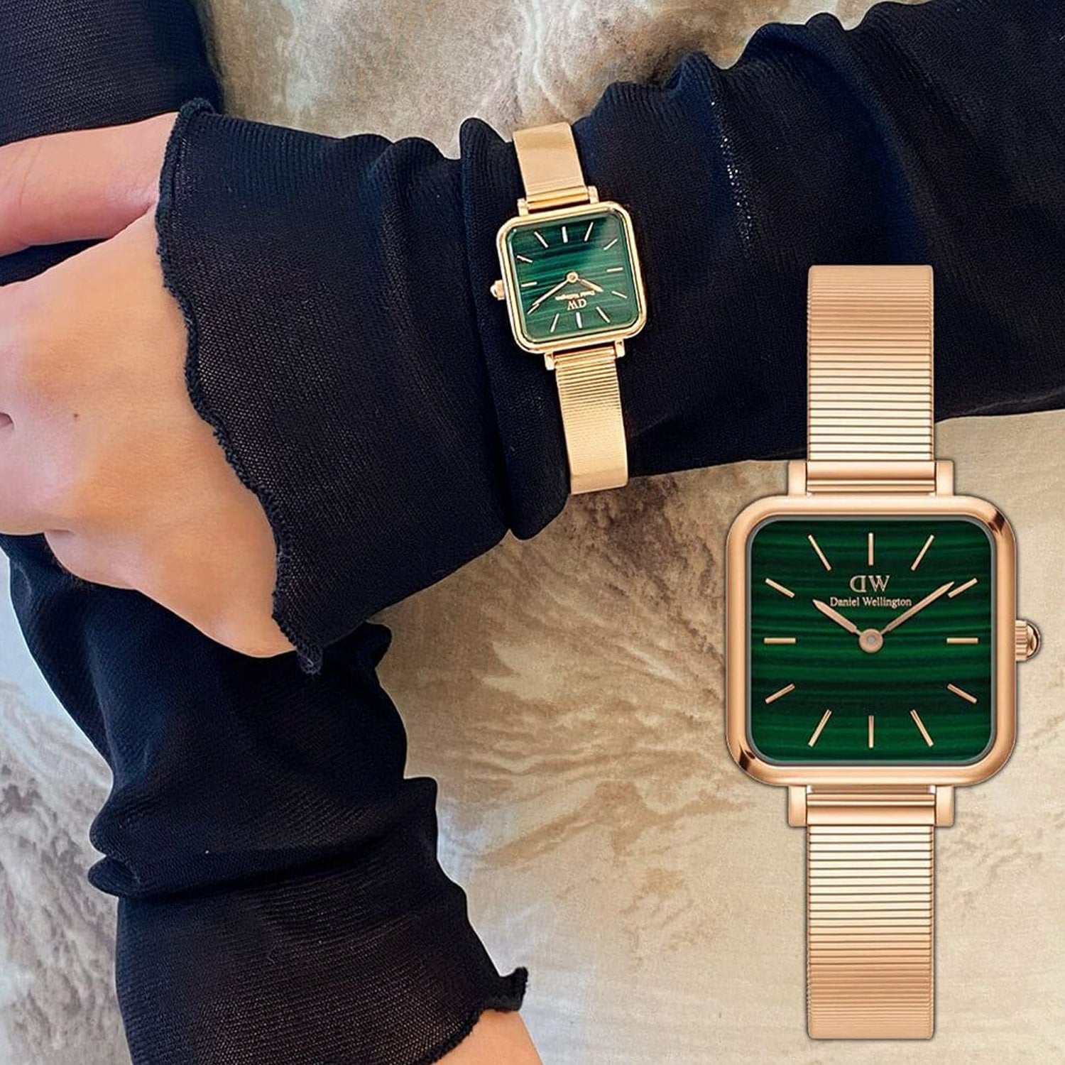  Shop Authentic Daniel Wellington Quadro Studio Green Dial Rose Gold Mesh Strap Watch For Women - DW00100520 - Luxxuri